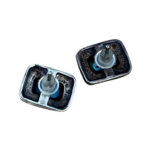 Sterling Silver Blue Turquoise Marcasite Post Earrings, Vintage Turquoise Studs - Picture 6 of 8